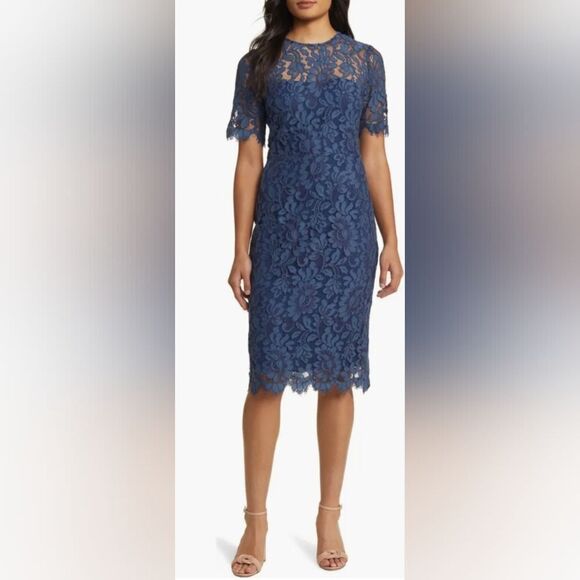 Eliza J Embroidered Lace Overlay Cocktail Dress NWT size 6 Slate Blue - Picture 1 of 5